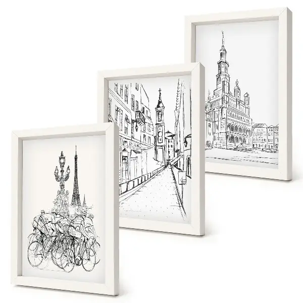 Composizione di 3 quadri con disegni semplici di scorci cittadini