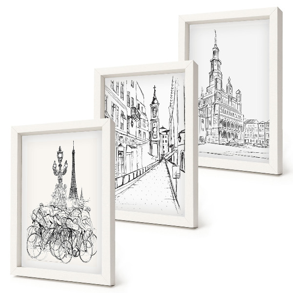 Composizione di 3 quadri Disegni semplici di scorci cittadini