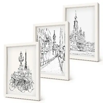 Composizione di 3 quadri con disegni semplici di scorci cittadini