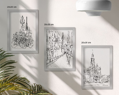 Composizione di 3 quadri Disegni semplici di scorci cittadini