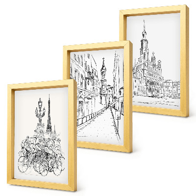 Composizione di 3 quadri Disegni semplici di scorci cittadini