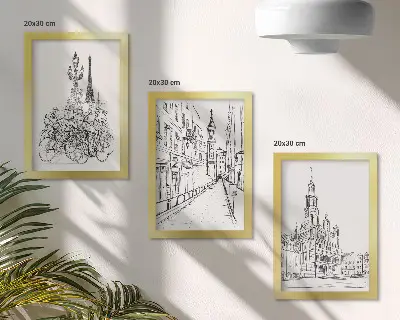 Composizione di 3 quadri con disegni semplici di scorci cittadini