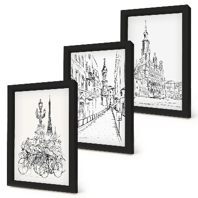 Composizione di 3 quadri Disegni semplici di scorci cittadini