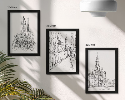Composizione di 3 quadri Disegni semplici di scorci cittadini