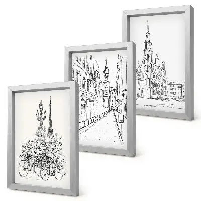 Composizione di 3 quadri con disegni semplici di scorci cittadini