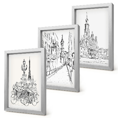 Composizione di 3 quadri Disegni semplici di scorci cittadini