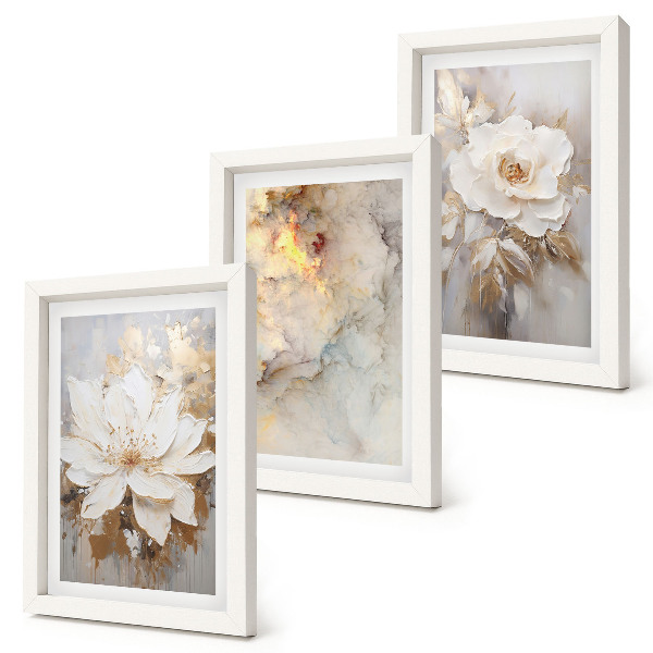Composizione di 3 quadri Fiori su sfondo chiaro con motivi astratti