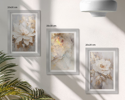 Composizione di 3 quadri Fiori su sfondo chiaro con motivi astratti