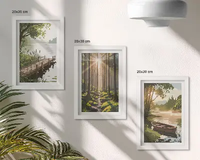 Trittico incorniciato paesaggi tranquilli di foresta e lago con barca