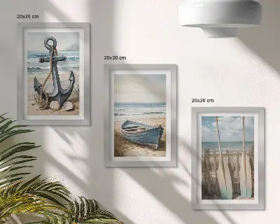 Ancora e remi sulla spiaggia con il mare composizione di 3 quadri