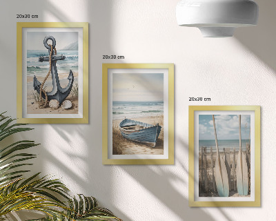 Composizione di 3 quadri Ancora e remi sulla spiaggia con il mare