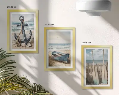 Ancora e remi sulla spiaggia con il mare composizione di 3 quadri