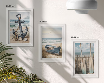 Composizione di 3 quadri Ancora e remi sulla spiaggia con il mare