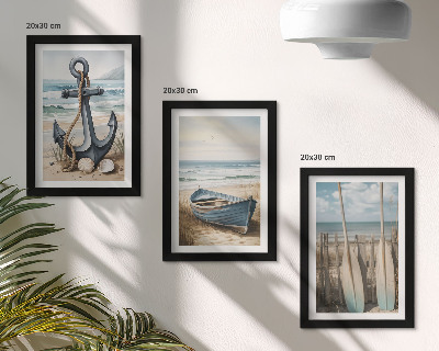 Composizione di 3 quadri Ancora e remi sulla spiaggia con il mare
