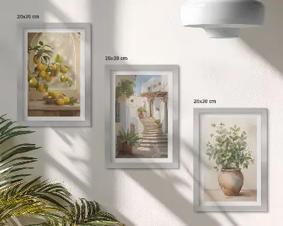 Trittico incorniciato con limoni in un vaso e piante in un contesto architettonico bianco