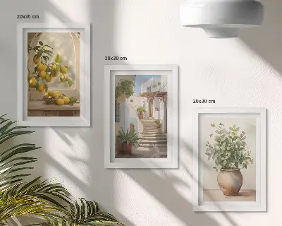 Trittico incorniciato con limoni in un vaso e piante in un contesto architettonico bianco