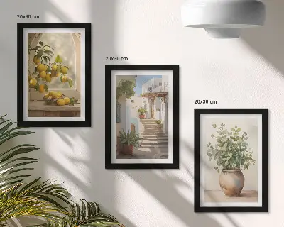 Trittico incorniciato con limoni in un vaso e piante in un contesto architettonico bianco