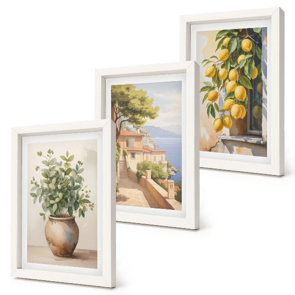 Composizione di 3 quadri Fiori in un vaso con vista sul mare e limoni