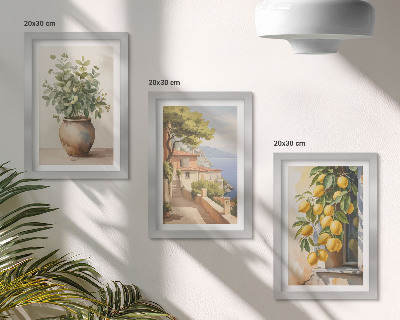 Composizione di 3 quadri Fiori in un vaso con vista sul mare e limoni