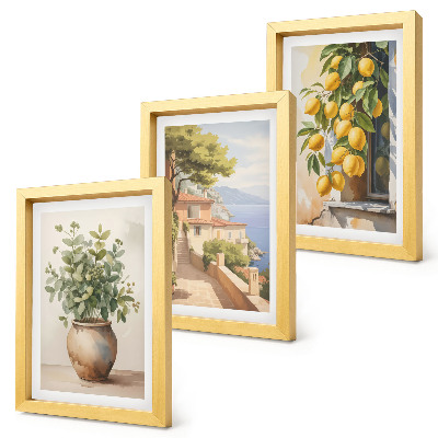 Composizione di 3 quadri Fiori in un vaso con vista sul mare e limoni