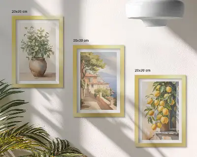 Fiori in un vaso con vista sul mare e limoni composizione di 3 quadri