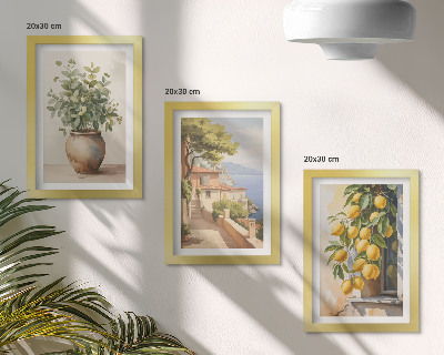 Composizione di 3 quadri Fiori in un vaso con vista sul mare e limoni