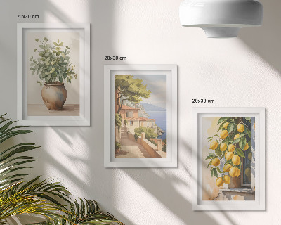 Composizione di 3 quadri Fiori in un vaso con vista sul mare e limoni