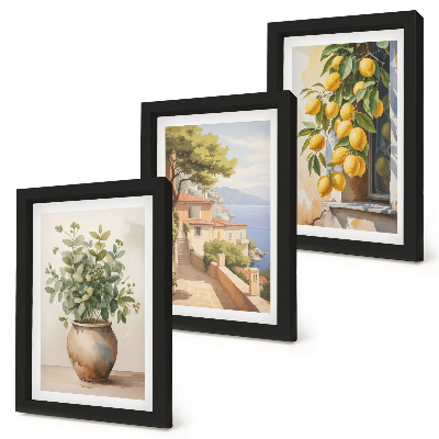 Composizione di 3 quadri Fiori in un vaso con vista sul mare e limoni