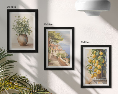 Composizione di 3 quadri Fiori in un vaso con vista sul mare e limoni