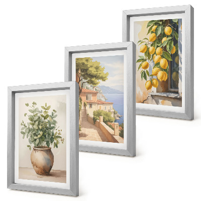 Composizione di 3 quadri Fiori in un vaso con vista sul mare e limoni