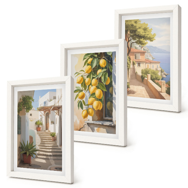 Trittico incorniciato Stradine affascinanti con limoni e vista sul mare