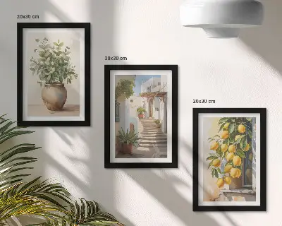 Composizione di 3 quadri con piante in vaso e limoni su sfondo di strada