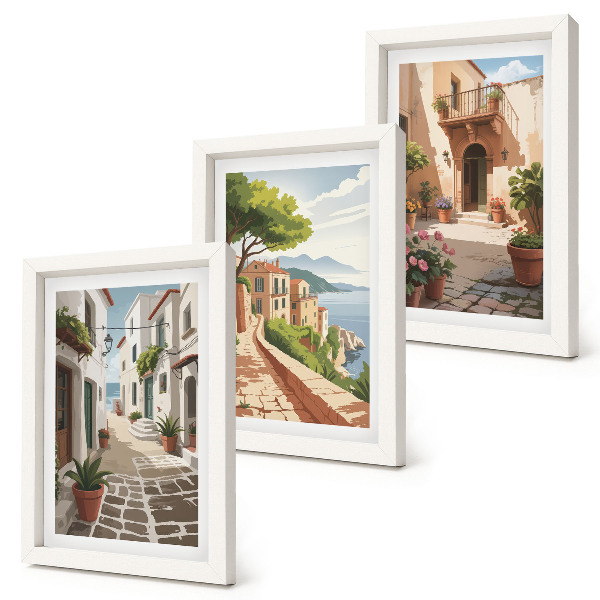 Trittico incorniciato Strade pittoresche con case e piante in vaso
