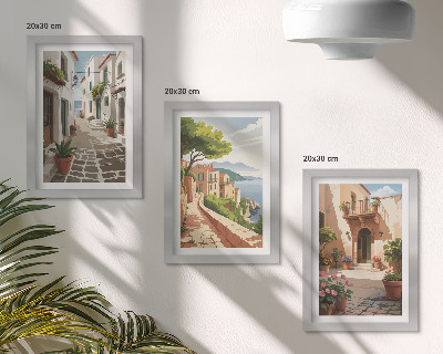 Trittico incorniciato Strade pittoresche con case e piante in vaso