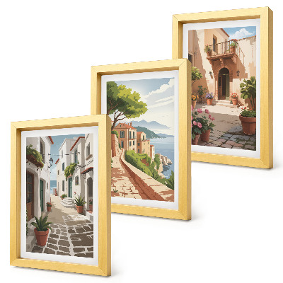 Trittico incorniciato Strade pittoresche con case e piante in vaso