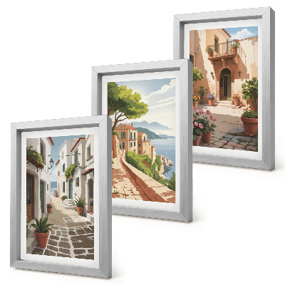 Trittico incorniciato Strade pittoresche con case e piante in vaso
