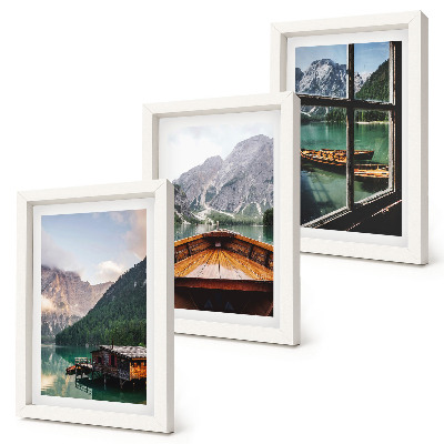 Composizione di 3 quadri Lago di montagna con barca e case di legno