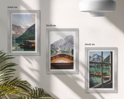 Composizione di 3 quadri Lago di montagna con barca e case di legno
