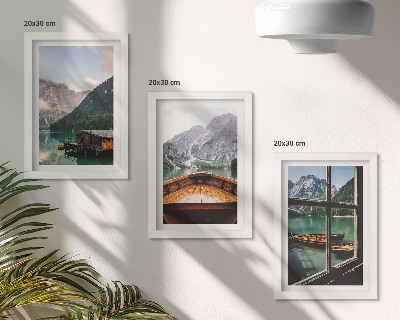 Composizione di 3 quadri Lago di montagna con barca e case di legno