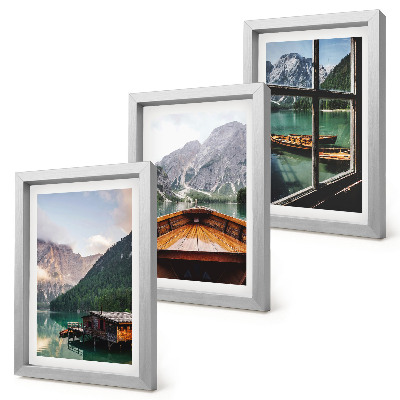 Composizione di 3 quadri Lago di montagna con barca e case di legno