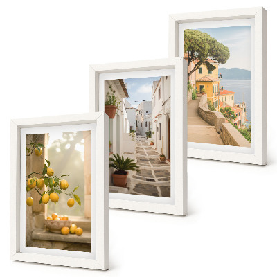 Composizione di 3 quadri Vista degli agrumi dalla finestra e architettura sul lungomare.