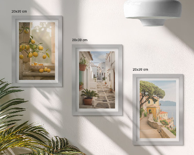 Composizione di 3 quadri Vista degli agrumi dalla finestra e architettura sul lungomare.