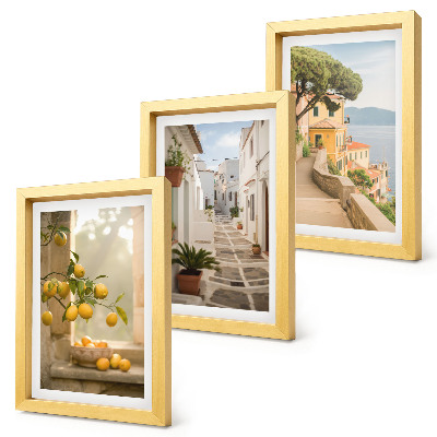 Composizione di 3 quadri Vista degli agrumi dalla finestra e architettura sul lungomare.