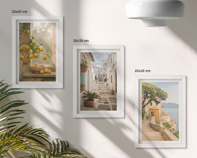 Composizione di 3 quadri Vista degli agrumi dalla finestra e architettura sul lungomare.