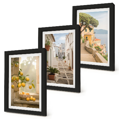 Composizione di 3 quadri Vista degli agrumi dalla finestra e architettura sul lungomare.