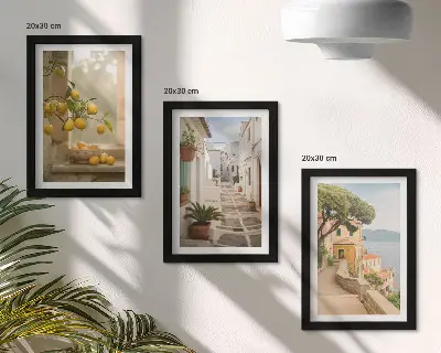 Composizione di 3 quadri con vista su agrumi e architettura sul lungomare