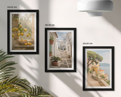 Composizione di 3 quadri Vista degli agrumi dalla finestra e architettura sul lungomare.
