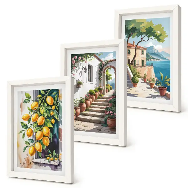 Trittico incorniciato con limoni su sfondo di fiori e panorami marini