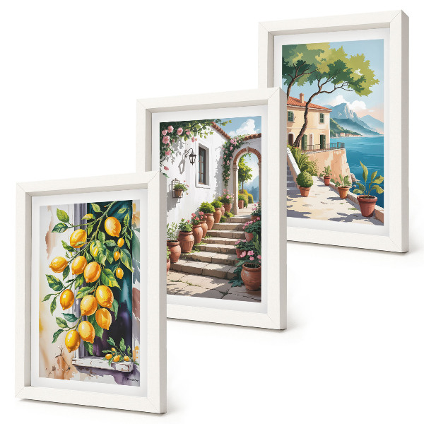 Trittico incorniciato Limoni sullo sfondo di fiori e panorami marini.