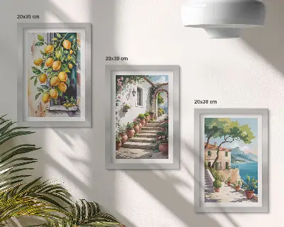 Trittico incorniciato con limoni su sfondo di fiori e panorami marini